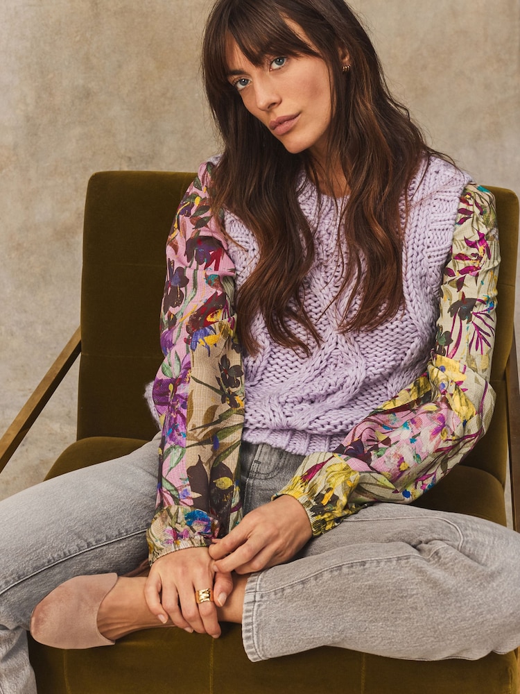 Purple Lilac Floral Pattern Layered Knitted Cable Tank - Image 2 of 7