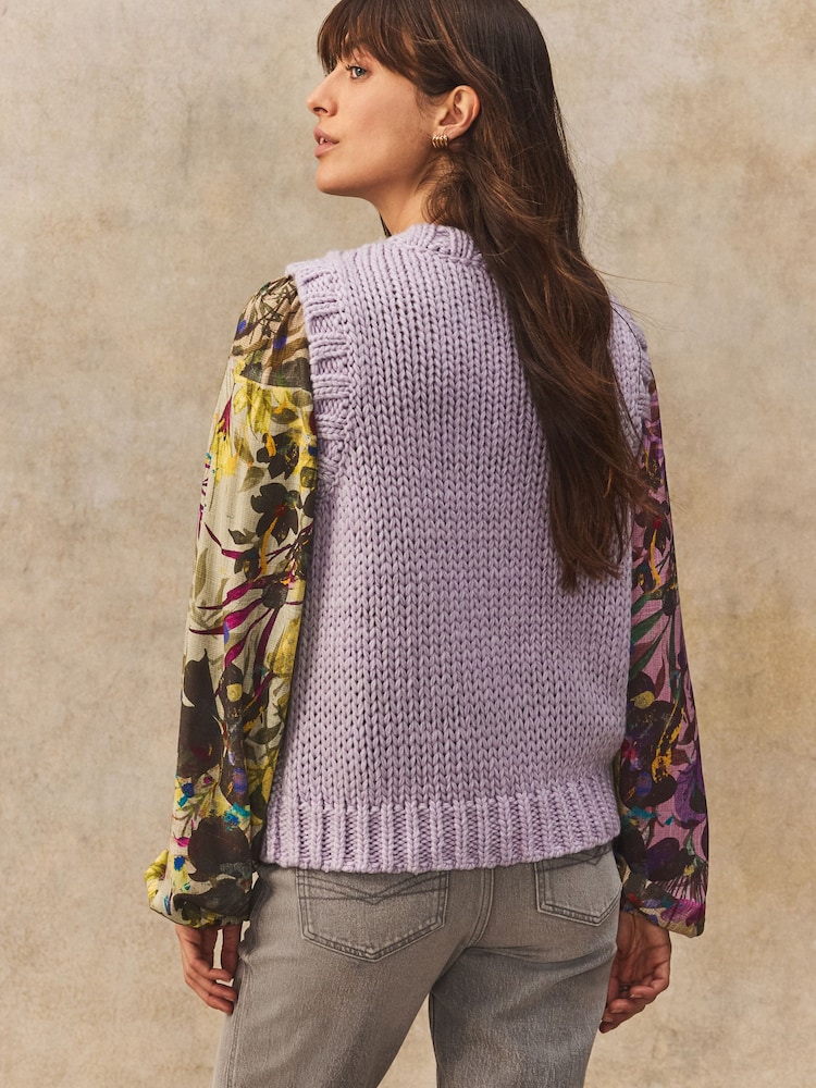 Purple Lilac Floral Pattern Layered Knitted Cable Tank - Image 3 of 7