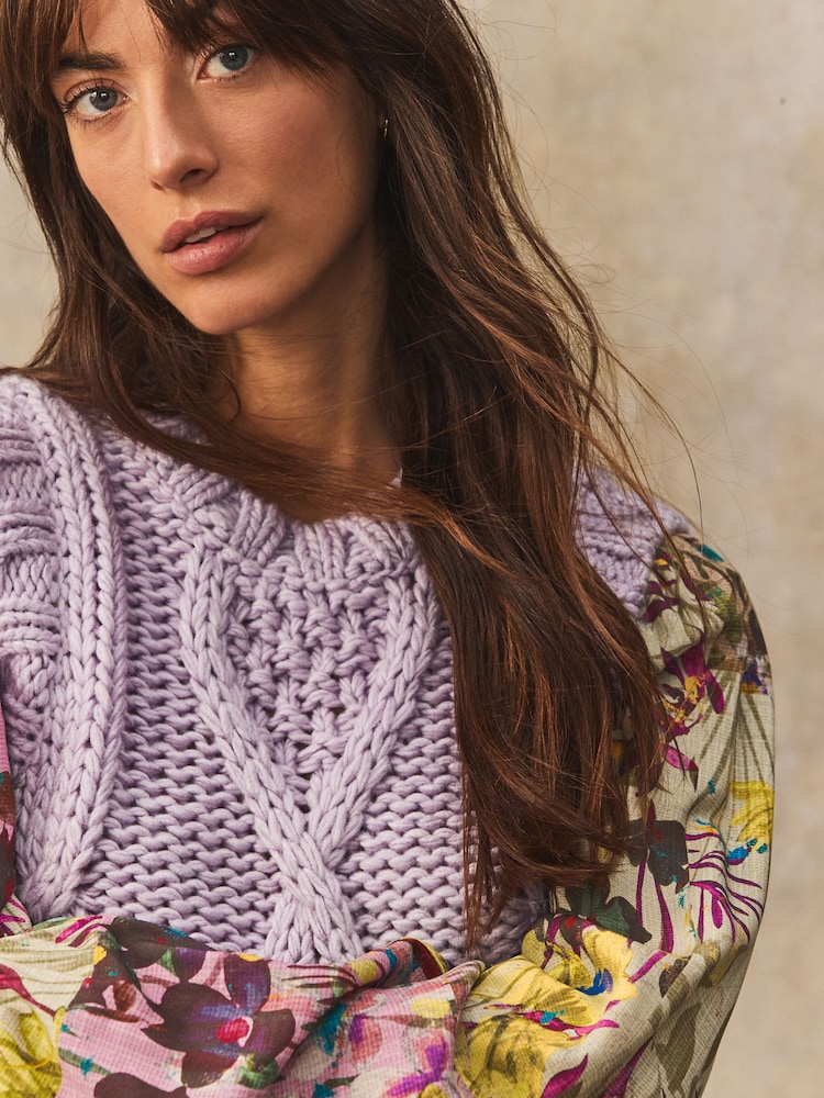 Purple Lilac Floral Pattern Layered Knitted Cable Tank - Image 4 of 7