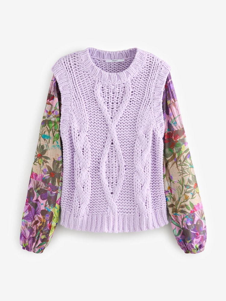 Purple Lilac Floral Pattern Layered Knitted Cable Tank - Image 5 of 7