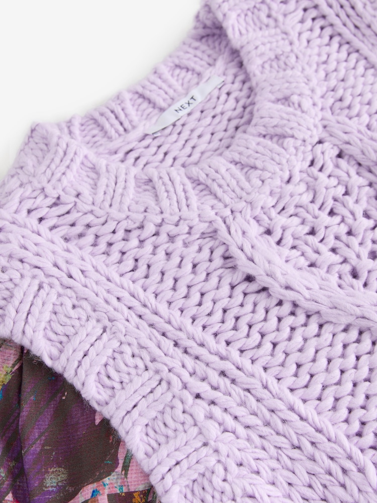 Purple Lilac Floral Pattern Layered Knitted Cable Tank - Image 6 of 7