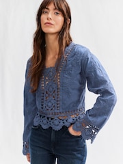 Blue Chambray Pretty Long Sleeve Top With Crochet Details - Image 1 of 7