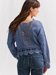 Blue Chambray Pretty Long Sleeve Top With Crochet Details - Image 2 of 7