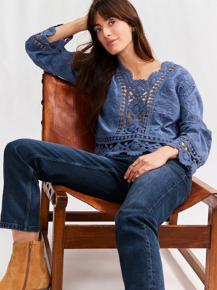 Blue Chambray Pretty Long Sleeve Top With Crochet Details - Image 3 of 7