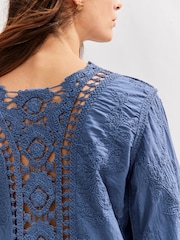 Blue Chambray Pretty Long Sleeve Top With Crochet Details - Image 4 of 7