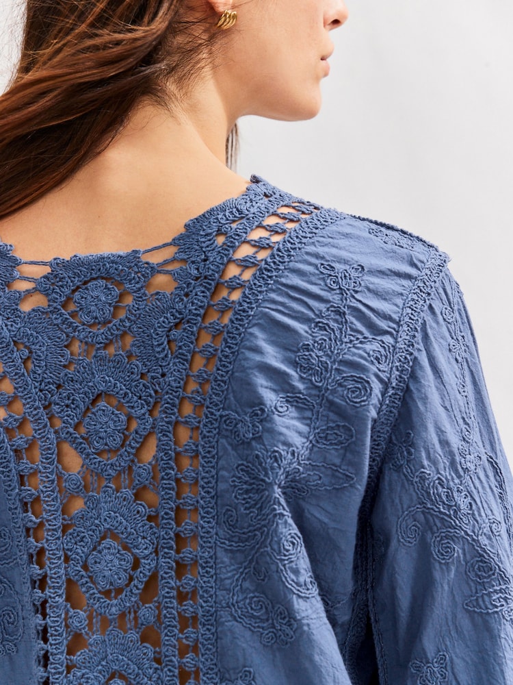 Blue Chambray Pretty Long Sleeve Top With Crochet Details - Image 4 of 7