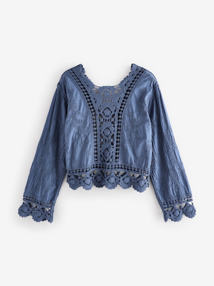 Blue Chambray Pretty Long Sleeve Top With Crochet Details - Image 5 of 7