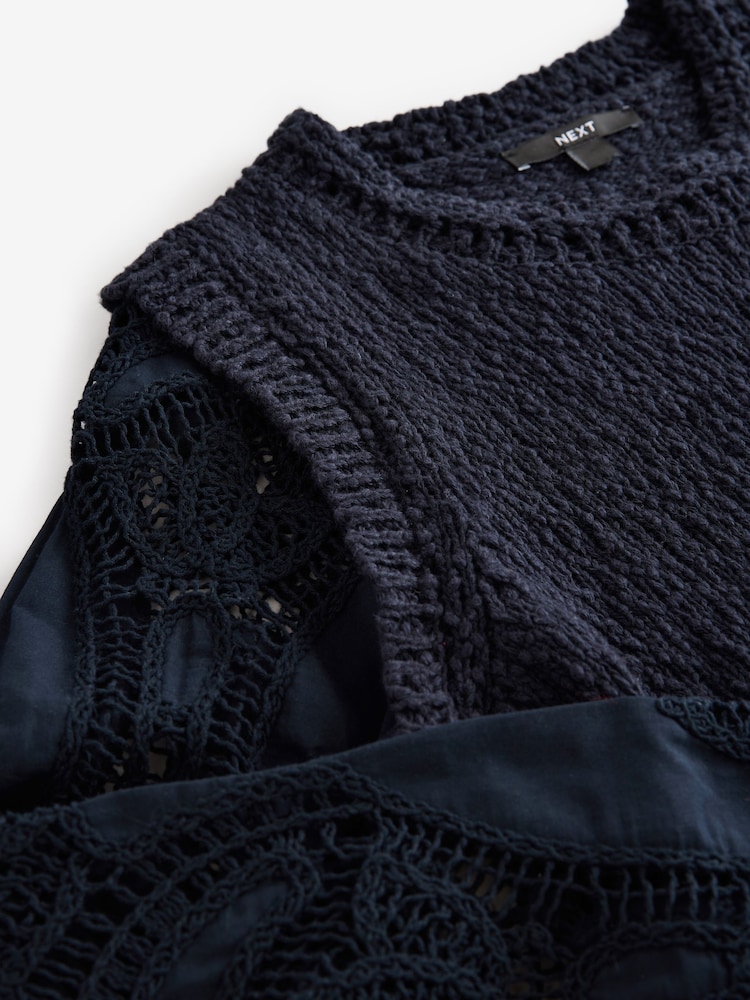 Blue Navy 100% Cotton Broidery Knitted Tank Layer Jumper - Image 6 of 6