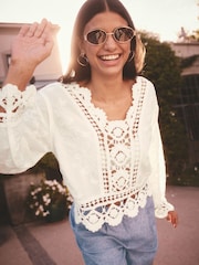 White/Ecru Pretty Long Sleeve Top With Crochet Details - Image 2 of 7