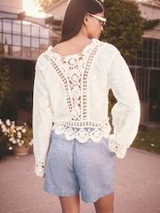 White/Ecru Pretty Long Sleeve Top With Crochet Details - Image 3 of 7
