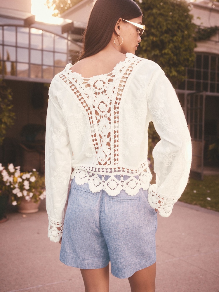 White/Ecru Pretty Long Sleeve Top With Crochet Details - Image 3 of 7