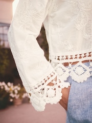White/Ecru Pretty Long Sleeve Top With Crochet Details - Image 4 of 7