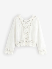 White/Ecru Pretty Long Sleeve Top With Crochet Details - Image 5 of 7