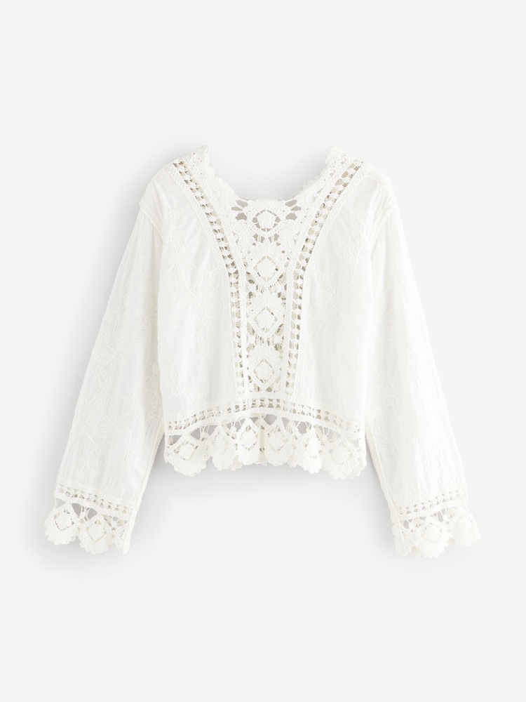 White/Ecru Pretty Long Sleeve Top With Crochet Details - Image 5 of 7