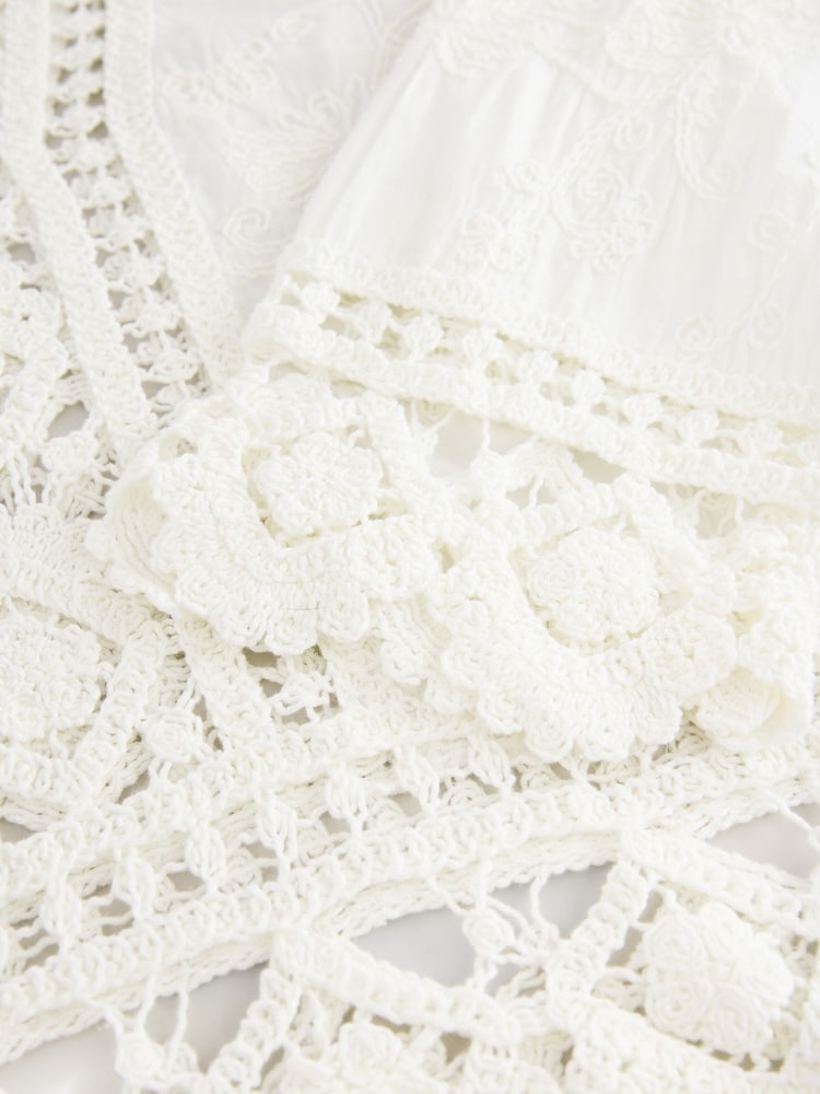 White/Ecru Pretty Long Sleeve Top With Crochet Details - Image 7 of 7