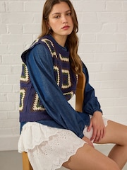 Blue Crochet Tank Denim Crew Neck Layer Jumper - Image 1 of 7