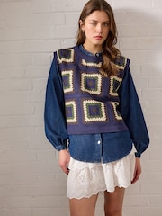 Blue Crochet Tank Denim Crew Neck Layer Jumper - Image 2 of 7