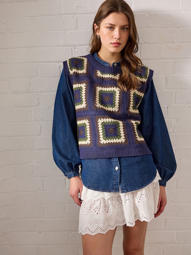 Blue Crochet Tank Denim Crew Neck Layer Jumper - Image 2 of 7