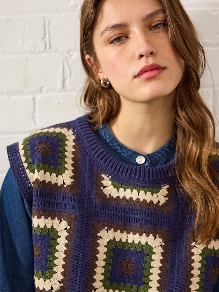 Blue Crochet Tank Denim Crew Neck Layer Jumper - Image 4 of 7