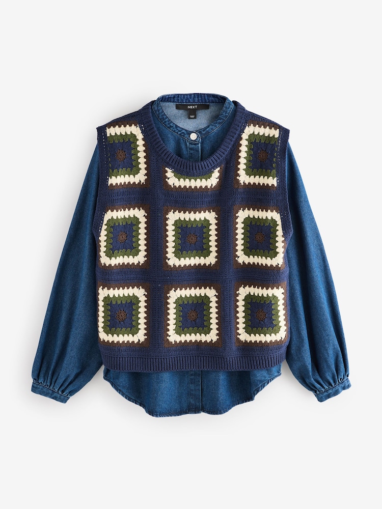 Blue Crochet Tank Denim Crew Neck Layer Jumper - Image 5 of 7