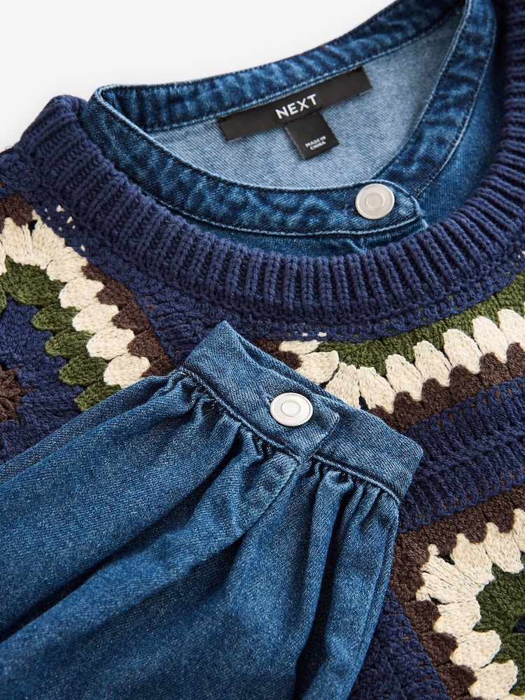 Blue Crochet Tank Denim Crew Neck Layer Jumper - Image 6 of 7