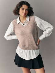 Neutral Stripe V-Neck Knitted Tank Shirt Layer Jumper with Wool - Image 1 of 6