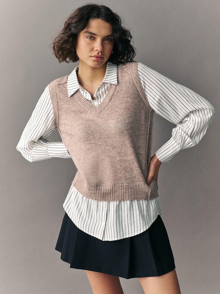 Neutral Stripe V-Neck Knitted Tank Shirt Layer Jumper with Wool - Image 1 of 6