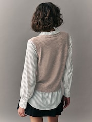 Neutral Stripe V-Neck Knitted Tank Shirt Layer Jumper with Wool - Image 2 of 6