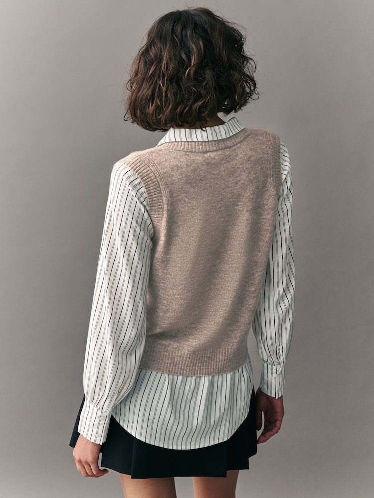 Neutral Stripe V-Neck Knitted Tank Shirt Layer Jumper with Wool - Image 2 of 6