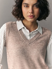 Neutral Stripe V-Neck Knitted Tank Shirt Layer Jumper with Wool - Image 3 of 6