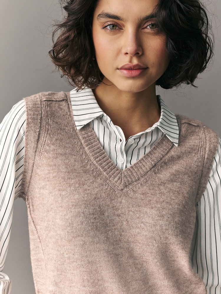 Neutral Stripe V-Neck Knitted Tank Shirt Layer Jumper with Wool - Image 3 of 6