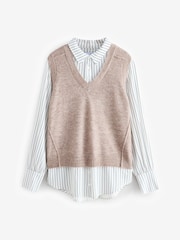 Neutral Stripe V-Neck Knitted Tank Shirt Layer Jumper with Wool - Image 4 of 6