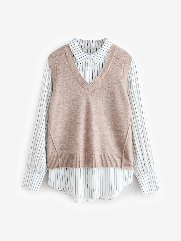 Neutral Stripe V-Neck Knitted Tank Shirt Layer Jumper with Wool - Image 4 of 6