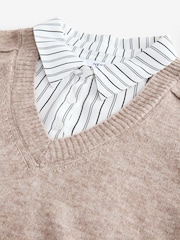 Neutral Stripe V-Neck Knitted Tank Shirt Layer Jumper with Wool - Image 5 of 6