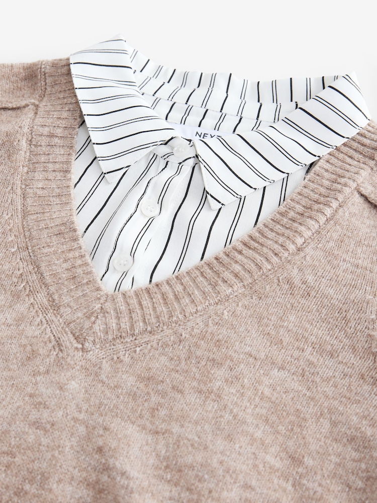 Neutral Stripe V-Neck Knitted Tank Shirt Layer Jumper with Wool - Image 5 of 6