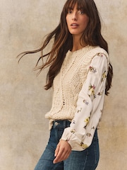White Ecru Floral Pattern Layered Knitted Cable Tank - Image 2 of 8