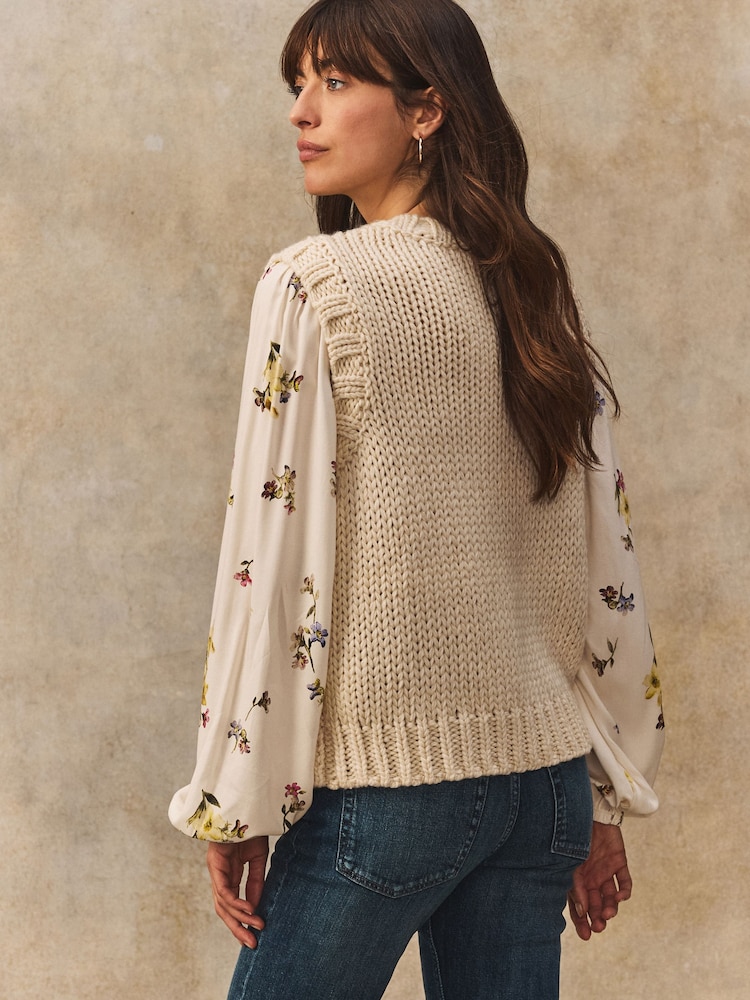 White Ecru Floral Pattern Layered Knitted Cable Tank - Image 3 of 8