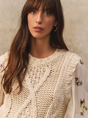 White Ecru Floral Pattern Layered Knitted Cable Tank - Image 4 of 8