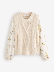 White Ecru Floral Pattern Layered Knitted Cable Tank - Image 6 of 8