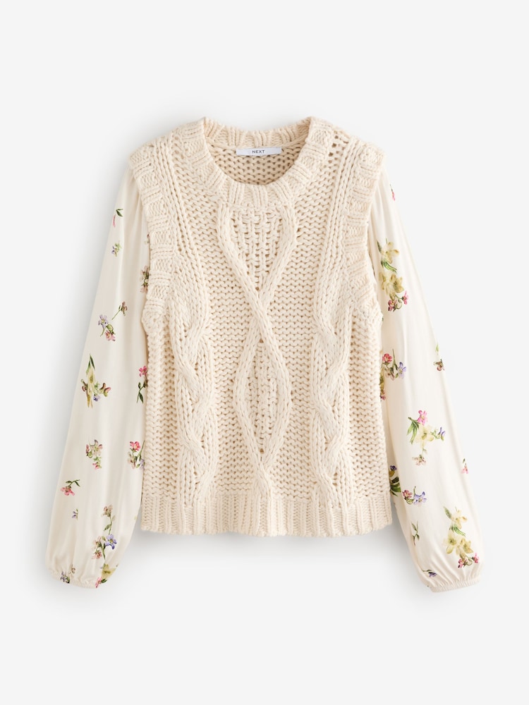 White Ecru Floral Pattern Layered Knitted Cable Tank - Image 6 of 8