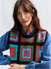 Bright Multi Crochet Tank Denim Crew Neck Layer Jumper - Image 1 of 6