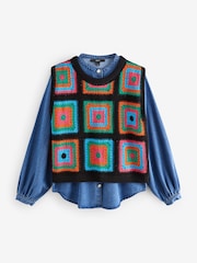 Bright Multi Crochet Tank Denim Crew Neck Layer Jumper - Image 4 of 6