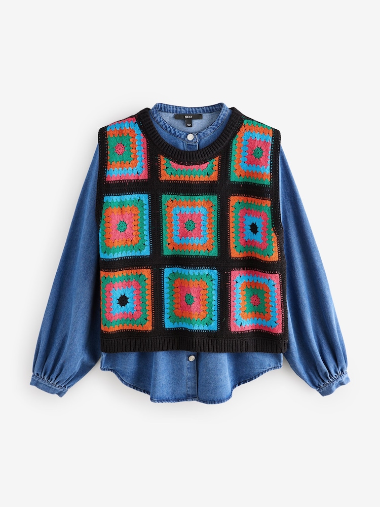Bright Multi Crochet Tank Denim Crew Neck Layer Jumper - Image 4 of 6