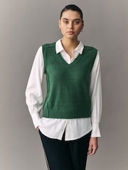 Green V-Neck Knitted Tank Shirt Layer Jumper with Wool - Image 1 of 7