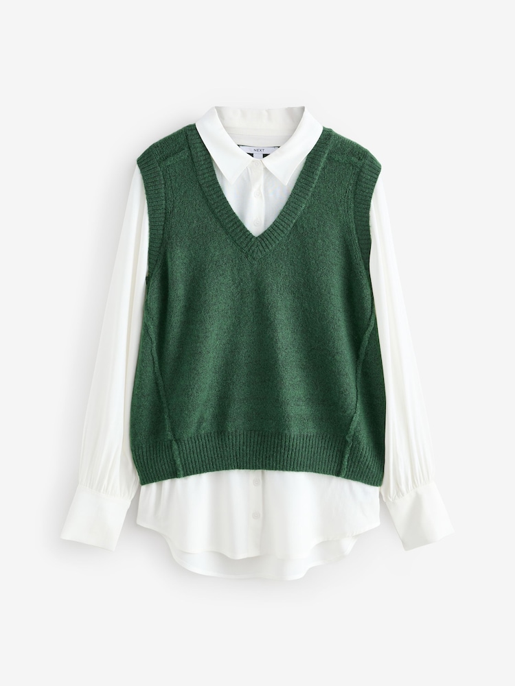 Green V-Neck Knitted Tank Shirt Layer Jumper with Wool - Image 5 of 7