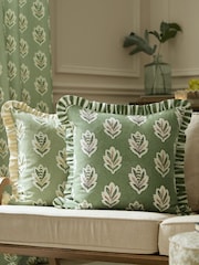 Sanderson Leaf Green Sessile Leaf Ruffled Square Cushion - Image 1 of 5