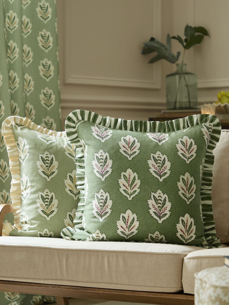 Sanderson Leaf Green Sessile Leaf Ruffled Square Cushion - Image 1 of 5