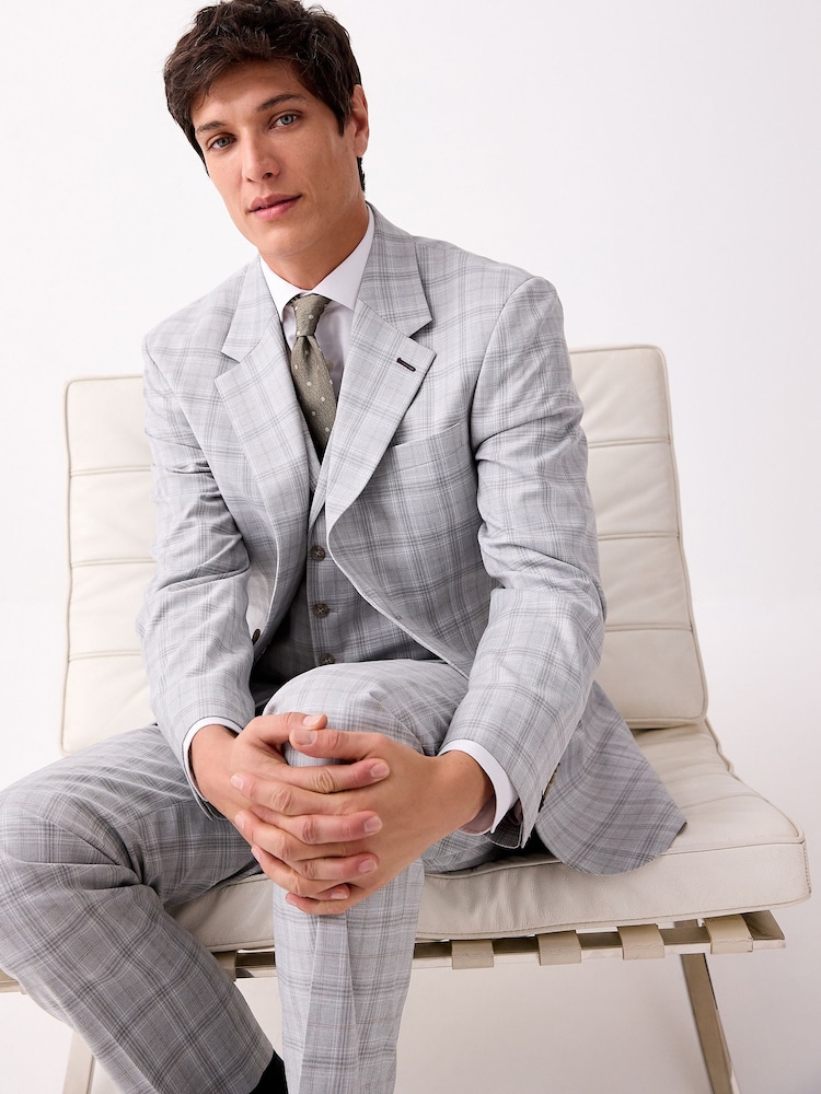 Light Grey Tailored Fit Check Suit Jacket - Image 1 of 9