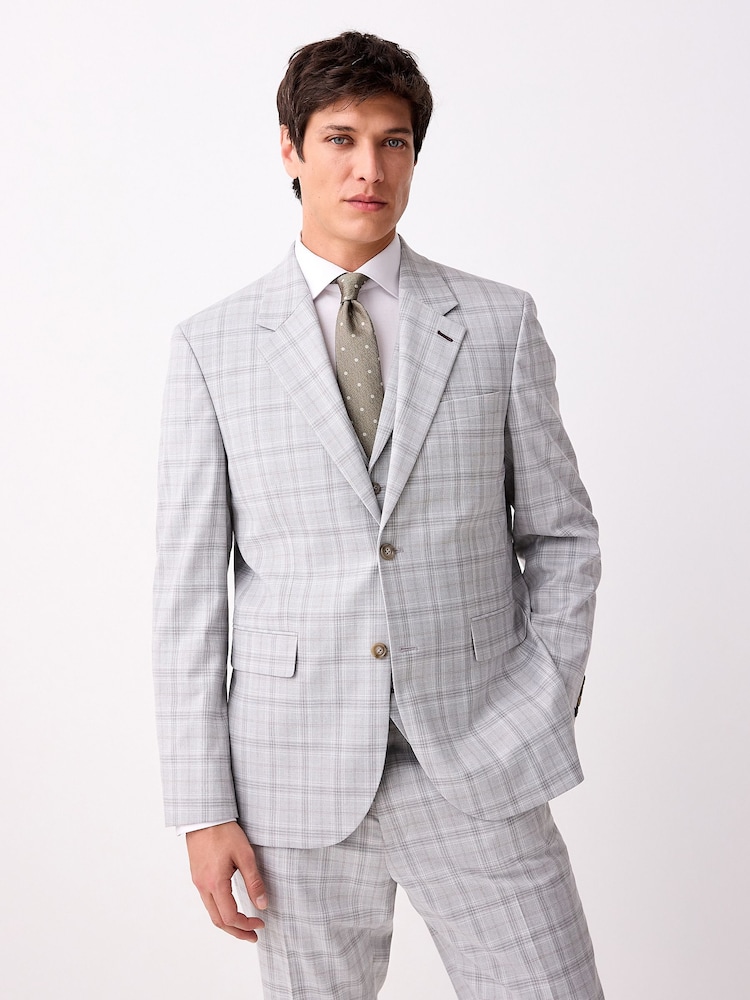 Light Grey Tailored Fit Check Suit Jacket - Image 2 of 9
