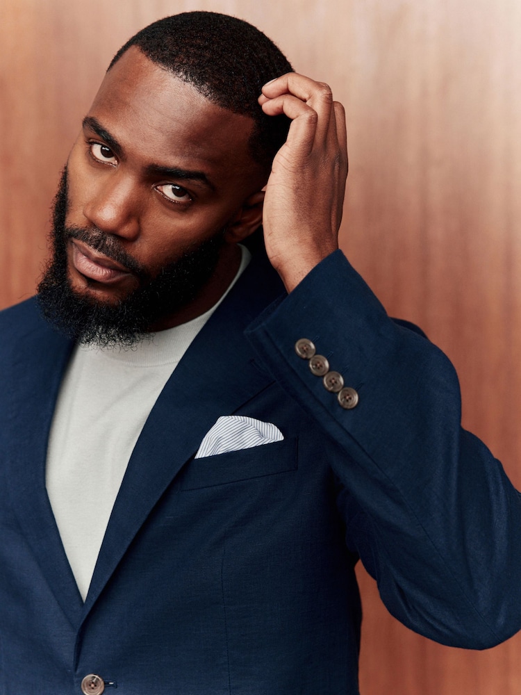 Blue Slim Fit Linen Suit Jacket - Image 4 of 9
